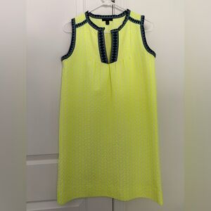 J. Crew Neon Yellow Arrow Print Shift Dress with Geometric Blue Trim